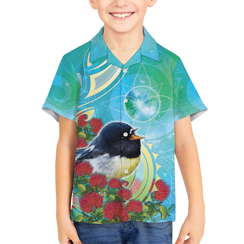 New Zealand Tomtit Family Matching Short Sleeve Bodycon Dress and Hawaiian Shirt Maori Koru With Pohutukawa Galaxy Style - Polynesian Pride