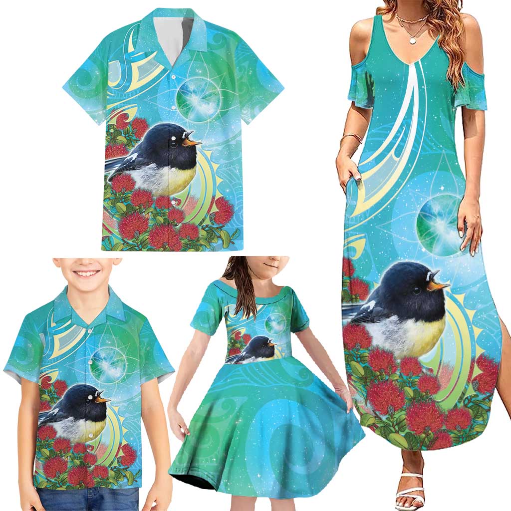 New Zealand Tomtit Family Matching Summer Maxi Dress and Hawaiian Shirt Maori Koru With Pohutukawa Galaxy Style - Polynesian Pride