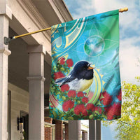 New Zealand Tomtit Garden Flag Maori Koru With Pohutukawa Galaxy Style - Polynesian Pride