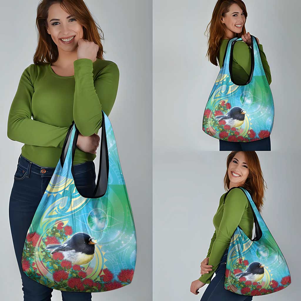 New Zealand Tomtit Grocery Bag Maori Koru With Pohutukawa Galaxy Style - Polynesian Pride
