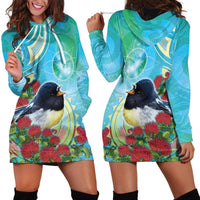 New Zealand Tomtit Hoodie Dress Maori Koru With Pohutukawa Galaxy Style - Polynesian Pride