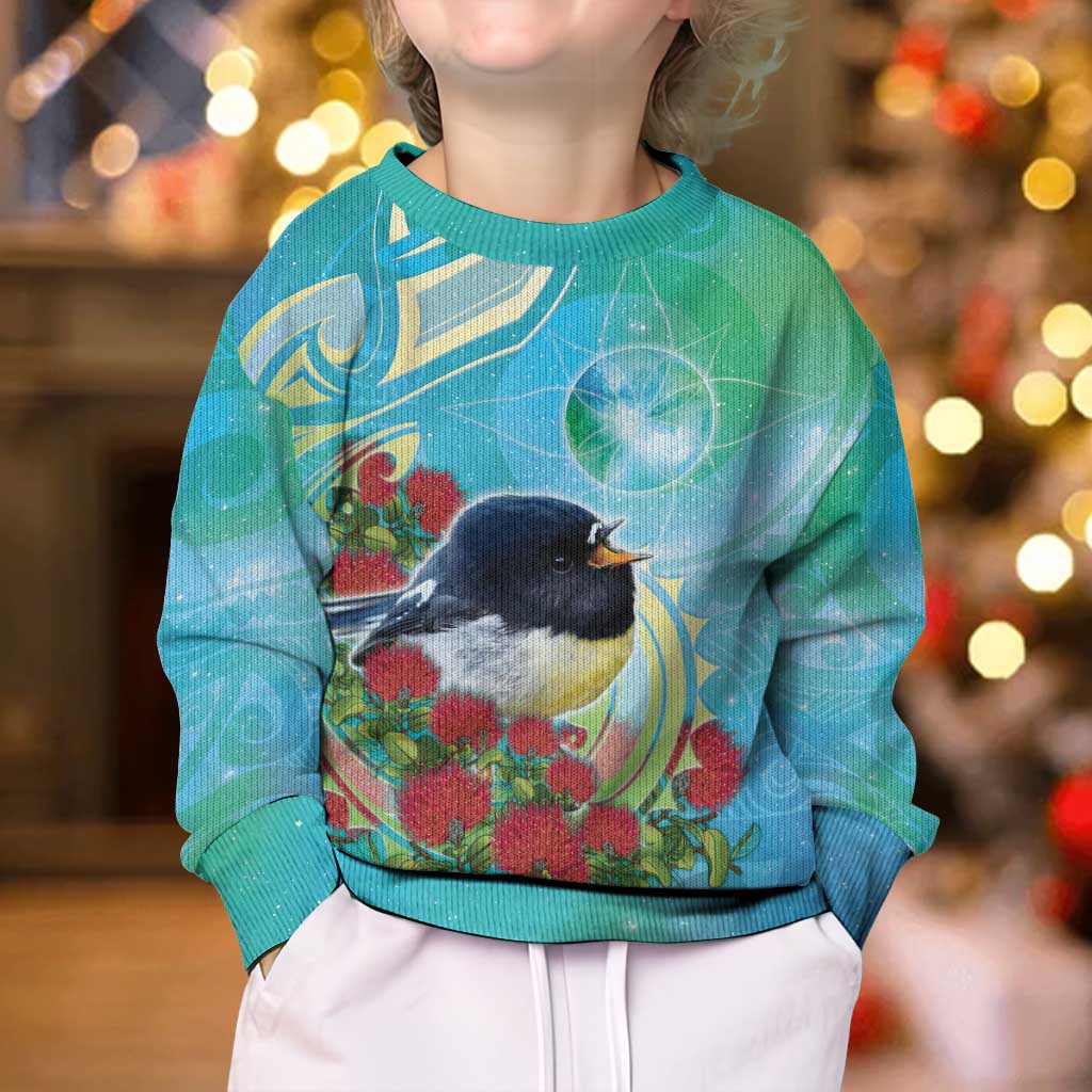 New Zealand Tomtit Kid Ugly Christmas Sweater Maori Koru With Pohutukawa Galaxy Style - Polynesian Pride