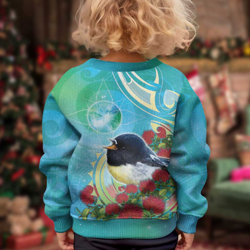 New Zealand Tomtit Kid Ugly Christmas Sweater Maori Koru With Pohutukawa Galaxy Style - Polynesian Pride
