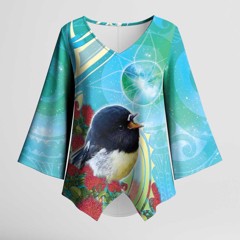 New Zealand Tomtit Kimono Sleeve Blouse Maori Koru With Pohutukawa Galaxy Style - Polynesian Pride