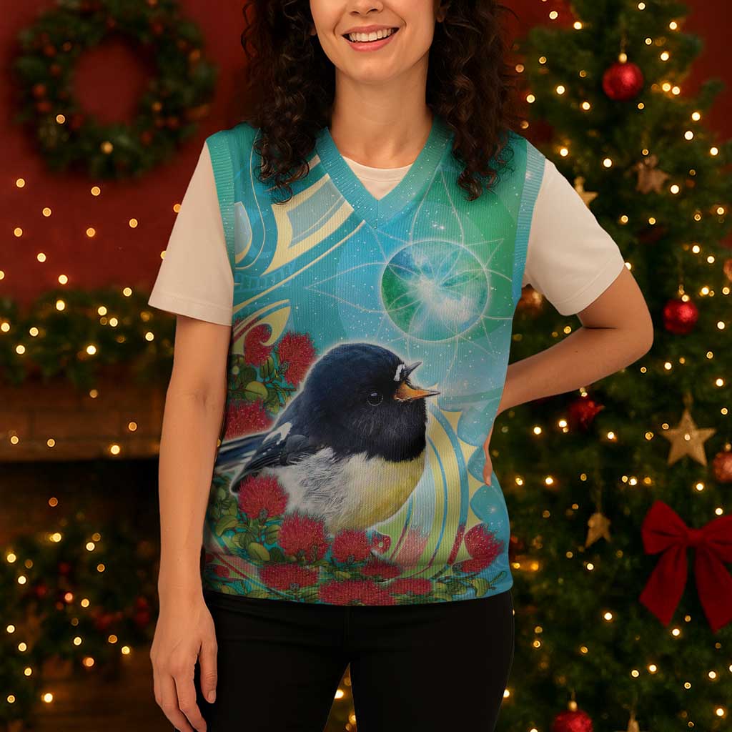 New Zealand Tomtit Christmas Knitted V-Neck Vest Maori Koru With Pohutukawa Galaxy Style - Polynesian Pride