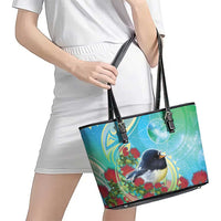 New Zealand Tomtit Leather Tote Bag Maori Koru With Pohutukawa Galaxy Style - Polynesian Pride