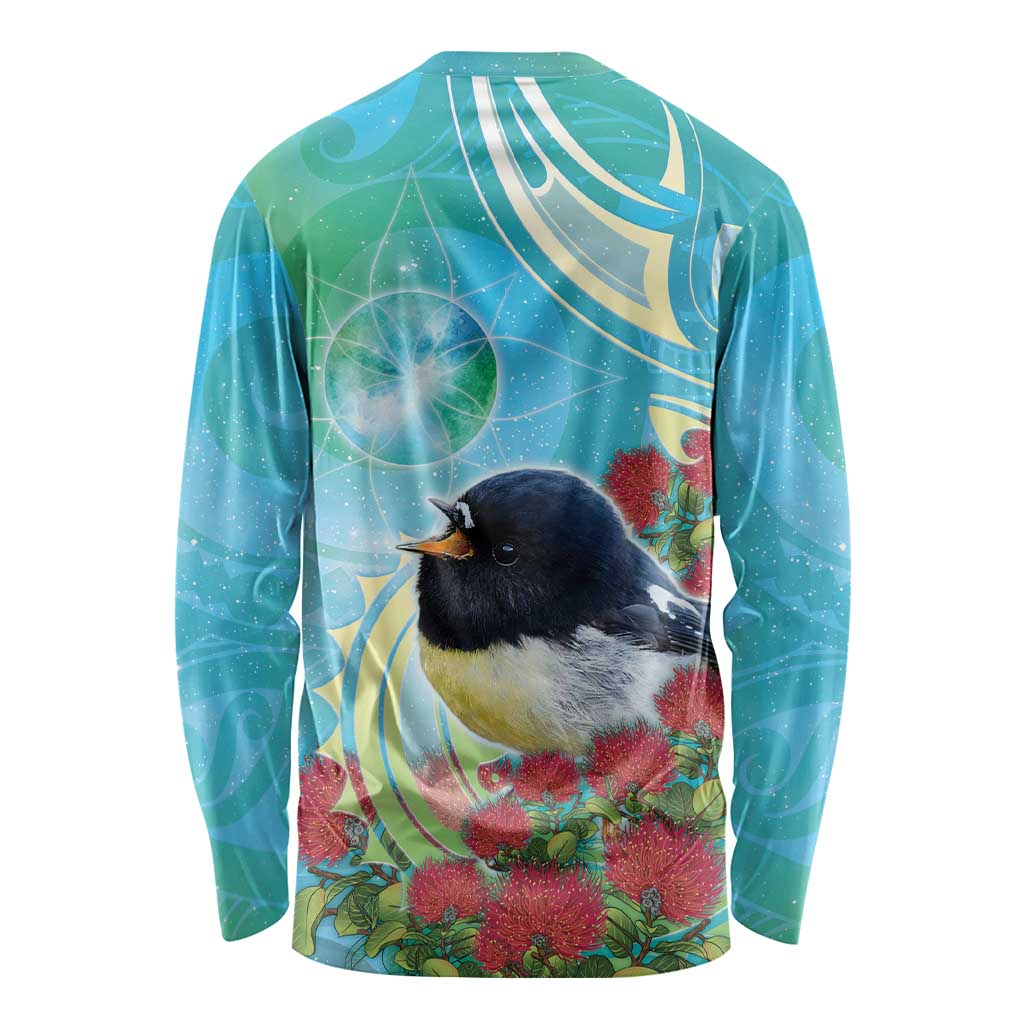 New Zealand Tomtit Long Sleeve Shirt Maori Koru With Pohutukawa Galaxy Style - Polynesian Pride