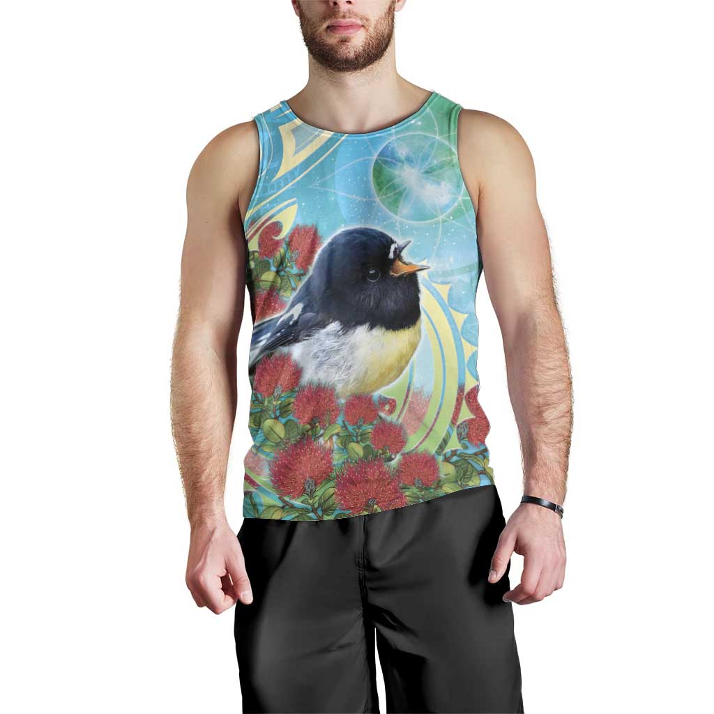 New Zealand Tomtit Men Tank Top Maori Koru With Pohutukawa Galaxy Style - Polynesian Pride