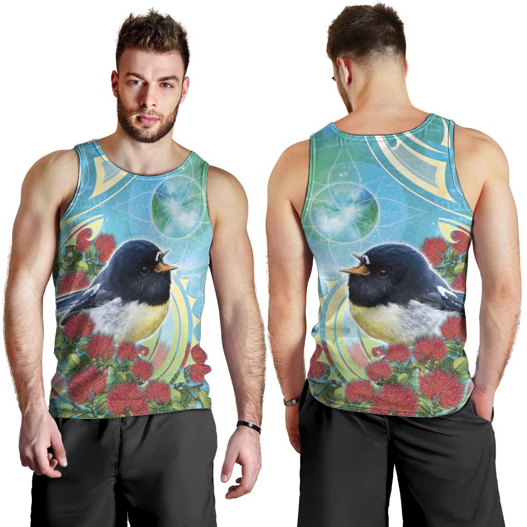 New Zealand Tomtit Men Tank Top Maori Koru With Pohutukawa Galaxy Style - Polynesian Pride