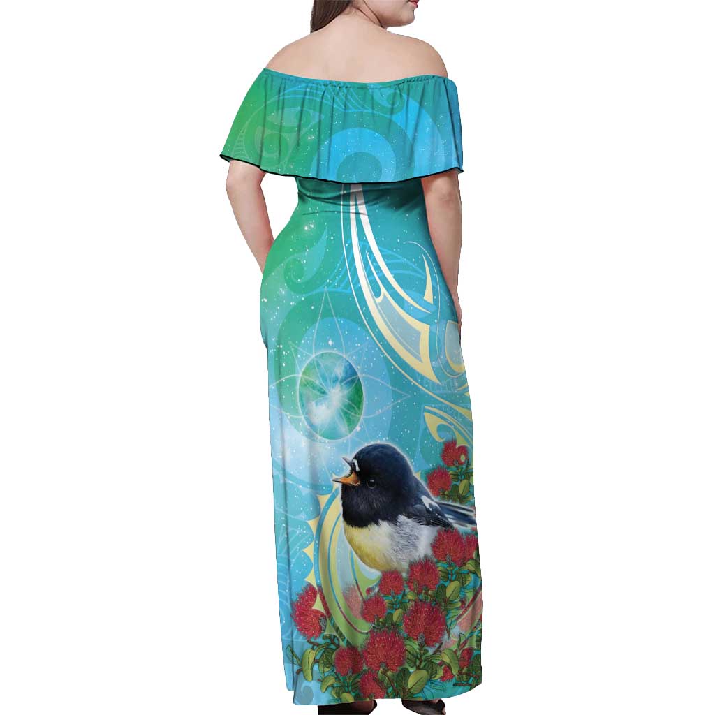 New Zealand Tomtit Off Shoulder Maxi Dress Maori Koru With Pohutukawa Galaxy Style - Polynesian Pride