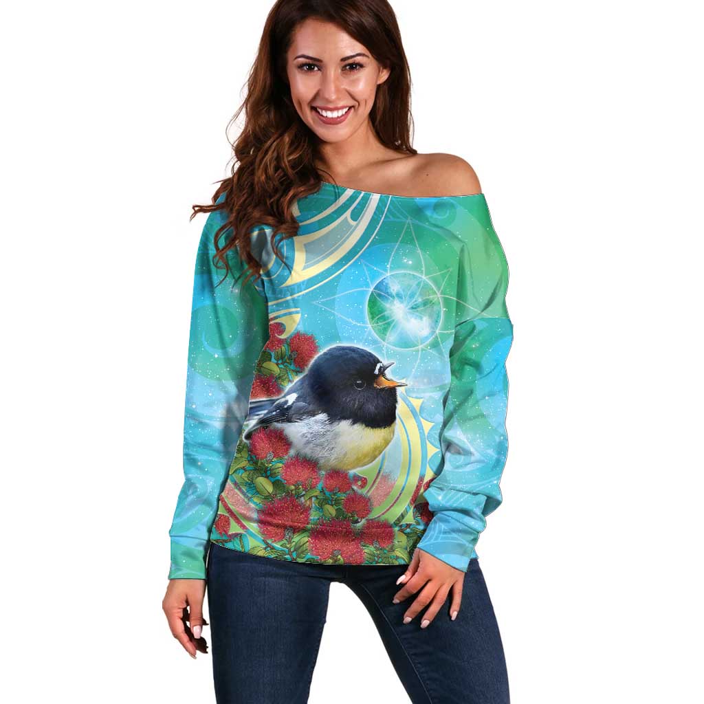 New Zealand Tomtit Off Shoulder Sweater Maori Koru With Pohutukawa Galaxy Style - Polynesian Pride