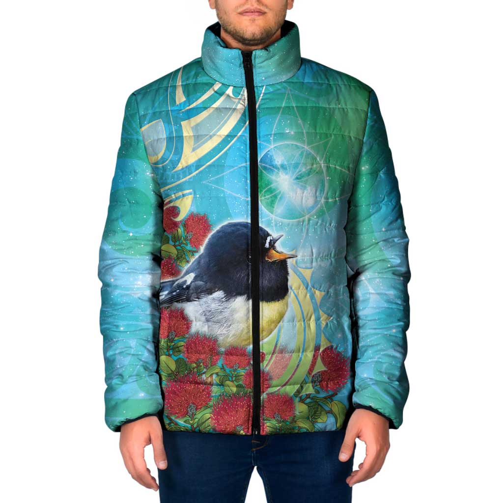 New Zealand Tomtit Padded Jacket Maori Koru With Pohutukawa Galaxy Style - Polynesian Pride