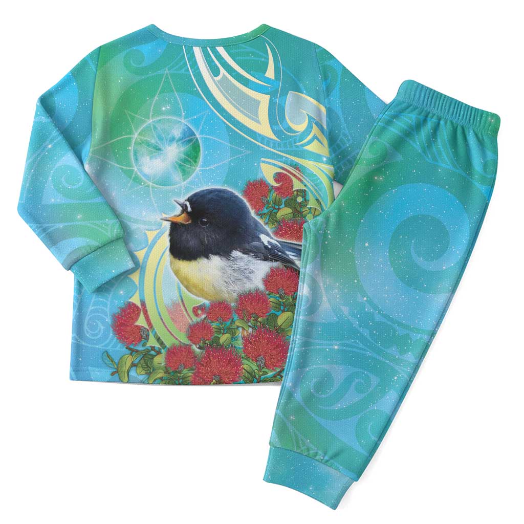 New Zealand Tomtit Christmas Pajama Set Maori Koru With Pohutukawa Galaxy Style - Polynesian Pride
