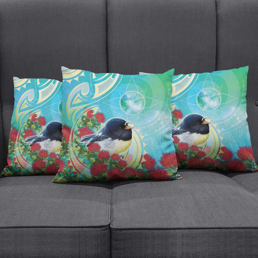 New Zealand Tomtit Pillow Cover Maori Koru With Pohutukawa Galaxy Style - Polynesian Pride