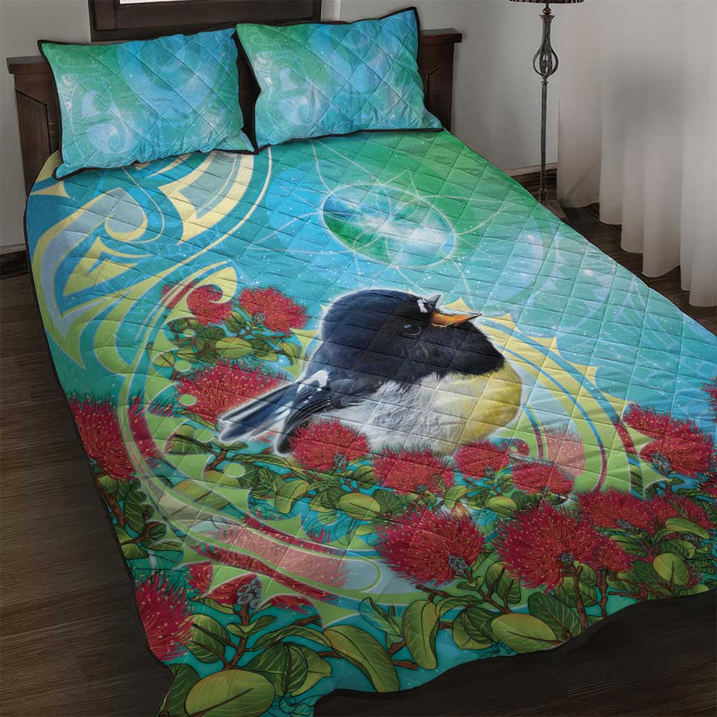 New Zealand Tomtit Quilt Bed Set Maori Koru With Pohutukawa Galaxy Style - Polynesian Pride