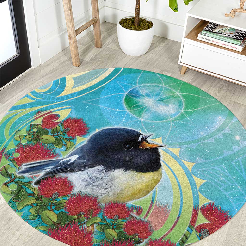 New Zealand Tomtit Round Carpet Maori Koru With Pohutukawa Galaxy Style - Polynesian Pride