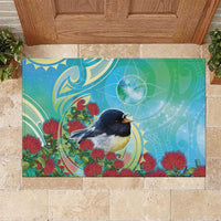 New Zealand Tomtit Rubber Doormat Maori Koru With Pohutukawa Galaxy Style - Polynesian Pride