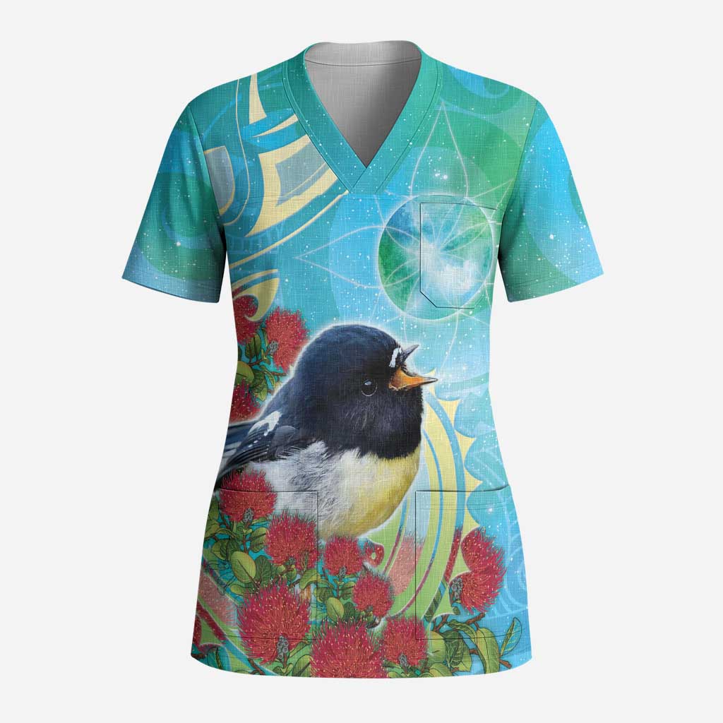 New Zealand Tomtit Scrub Top Maori Koru With Pohutukawa Galaxy Style - Polynesian Pride