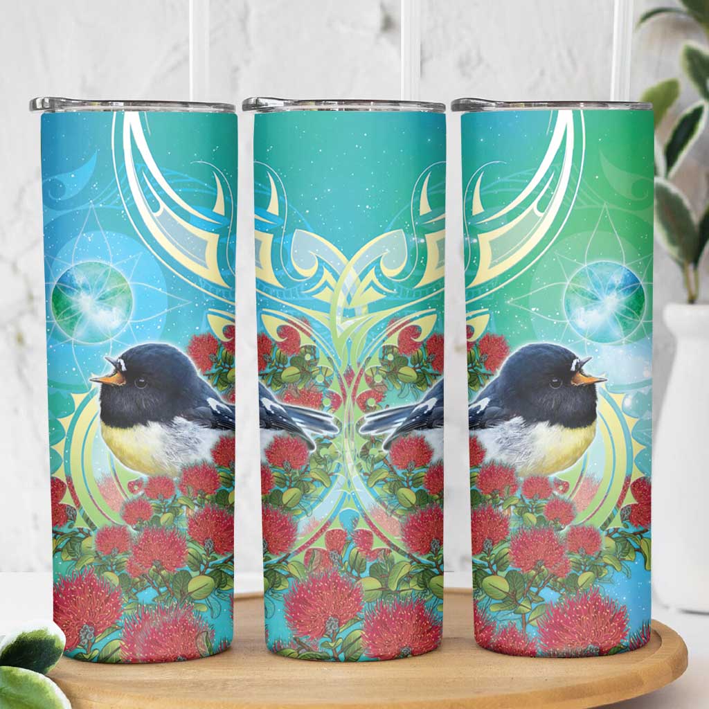 New Zealand Tomtit Skinny Tumbler Maori Koru With Pohutukawa Galaxy Style - Polynesian Pride