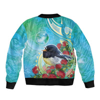 New Zealand Tomtit Sleeve Zip Bomber Jacket Maori Koru With Pohutukawa Galaxy Style - Polynesian Pride