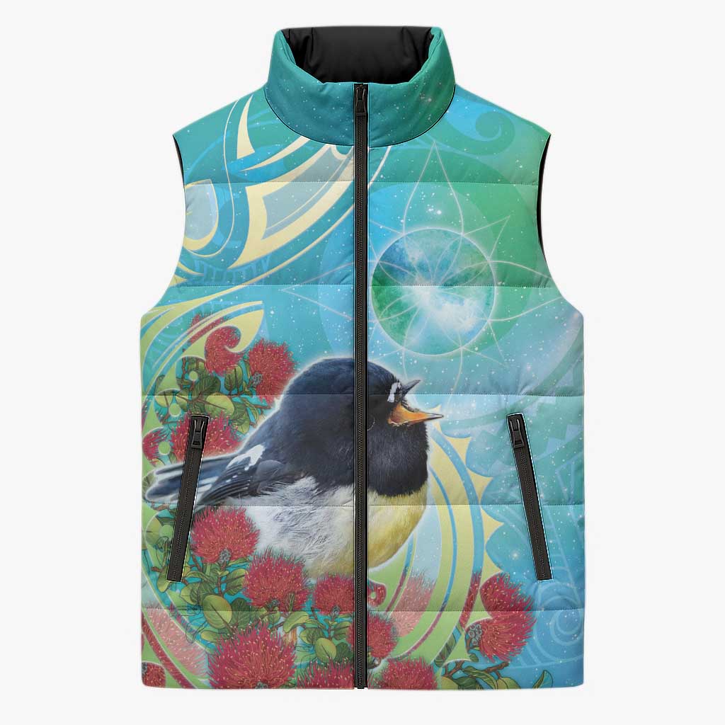 New Zealand Tomtit Sleeveless Puffer Jacket Maori Koru With Pohutukawa Galaxy Style - Polynesian Pride