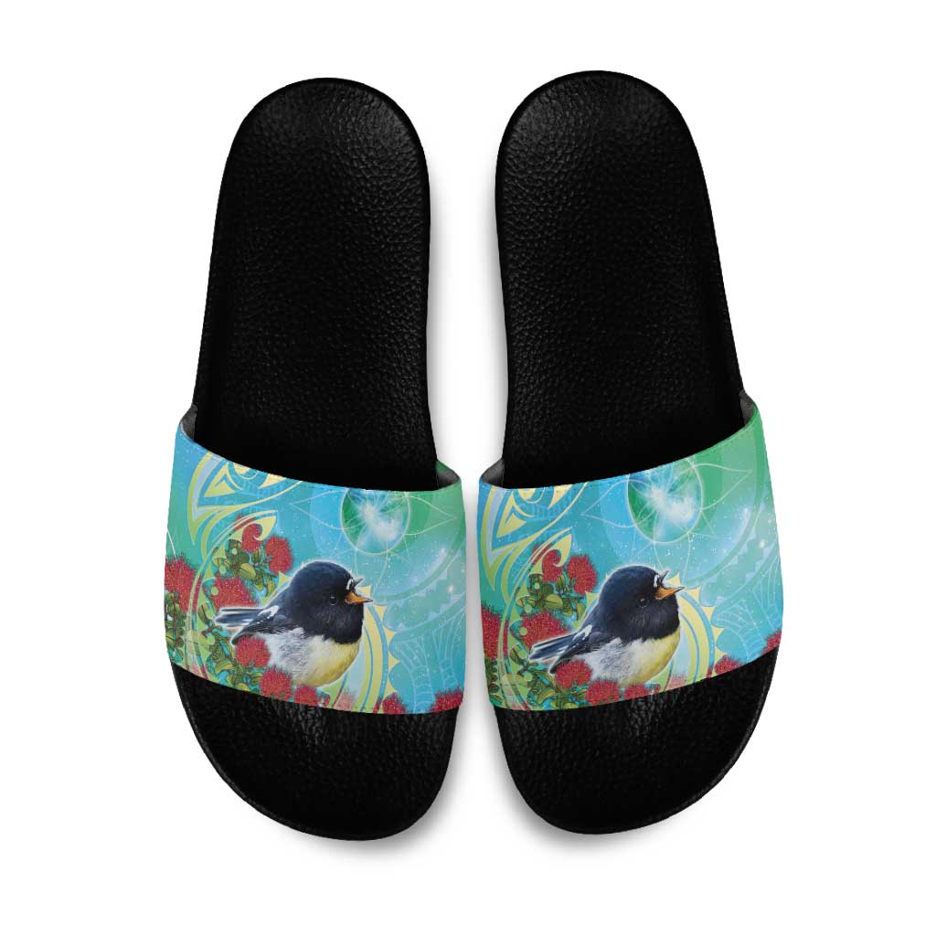 New Zealand Tomtit Slide Sandals Maori Koru With Pohutukawa Galaxy Style - Polynesian Pride