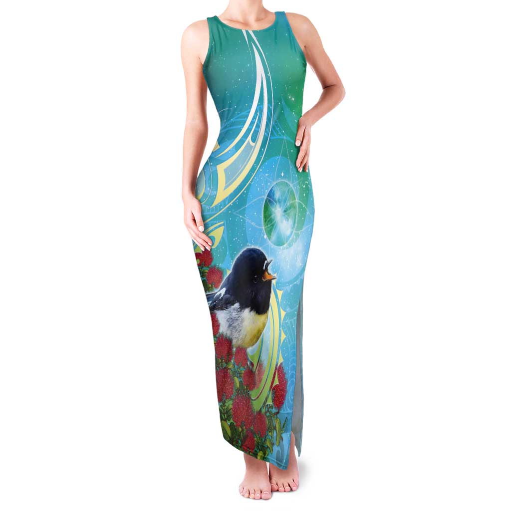 New Zealand Tomtit Tank Maxi Dress Maori Koru With Pohutukawa Galaxy Style - Polynesian Pride
