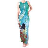New Zealand Tomtit Tank Maxi Dress Maori Koru With Pohutukawa Galaxy Style - Polynesian Pride