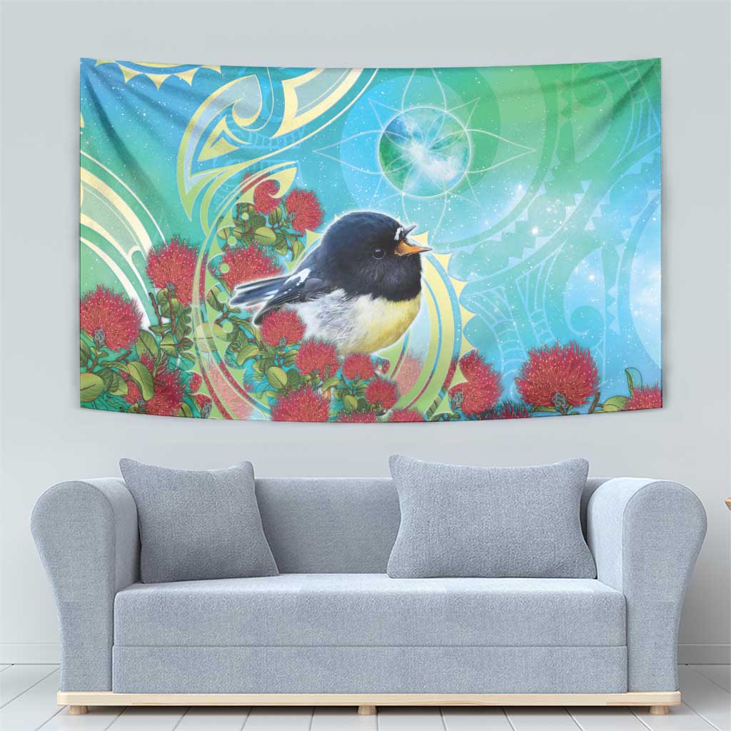 New Zealand Tomtit Tapestry Maori Koru With Pohutukawa Galaxy Style - Polynesian Pride
