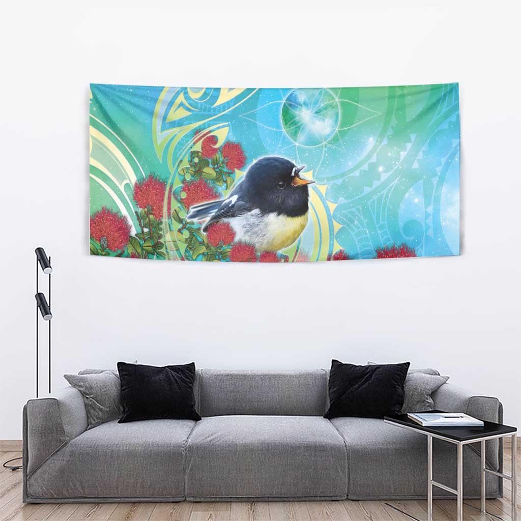 New Zealand Tomtit Tapestry Maori Koru With Pohutukawa Galaxy Style - Polynesian Pride