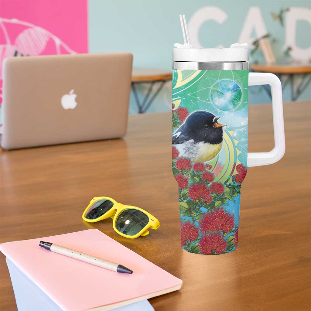 New Zealand Tomtit Tumbler With Handle Maori Koru With Pohutukawa Galaxy Style - Polynesian Pride