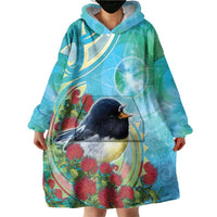 New Zealand Tomtit Wearable Blanket Hoodie Maori Koru With Pohutukawa Galaxy Style - Polynesian Pride