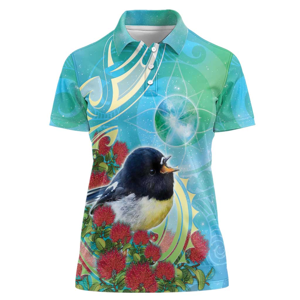 New Zealand Tomtit Women Polo Shirt Maori Koru With Pohutukawa Galaxy Style - Polynesian Pride