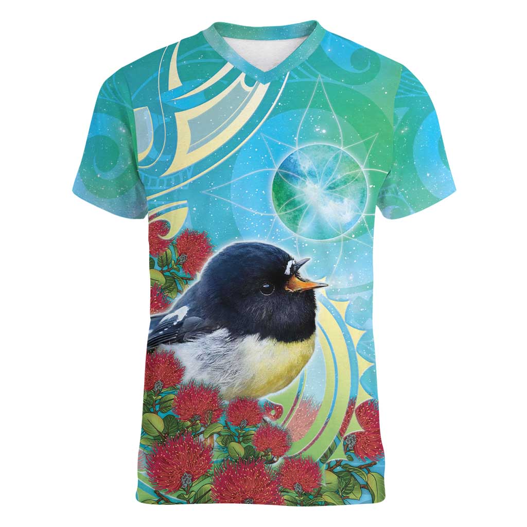 New Zealand Tomtit Women V-Neck T-Shirt Maori Koru With Pohutukawa Galaxy Style - Polynesian Pride