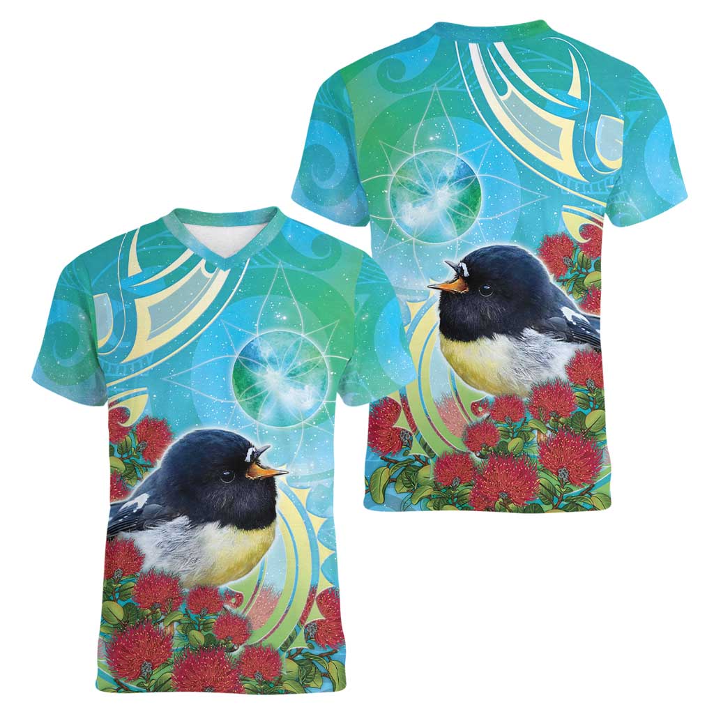New Zealand Tomtit Women V-Neck T-Shirt Maori Koru With Pohutukawa Galaxy Style - Polynesian Pride