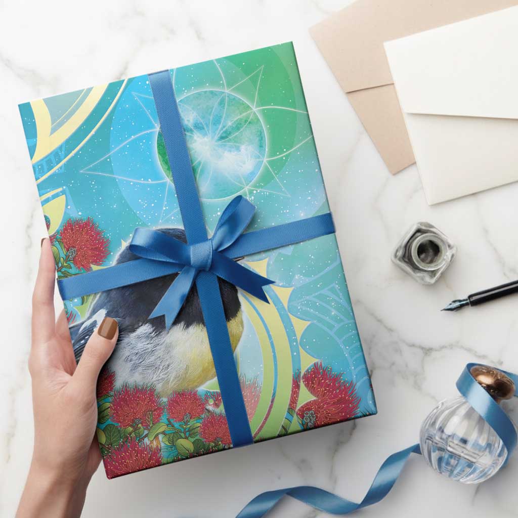 New Zealand Tomtit Wrapping Paper Maori Koru With Pohutukawa Galaxy Style