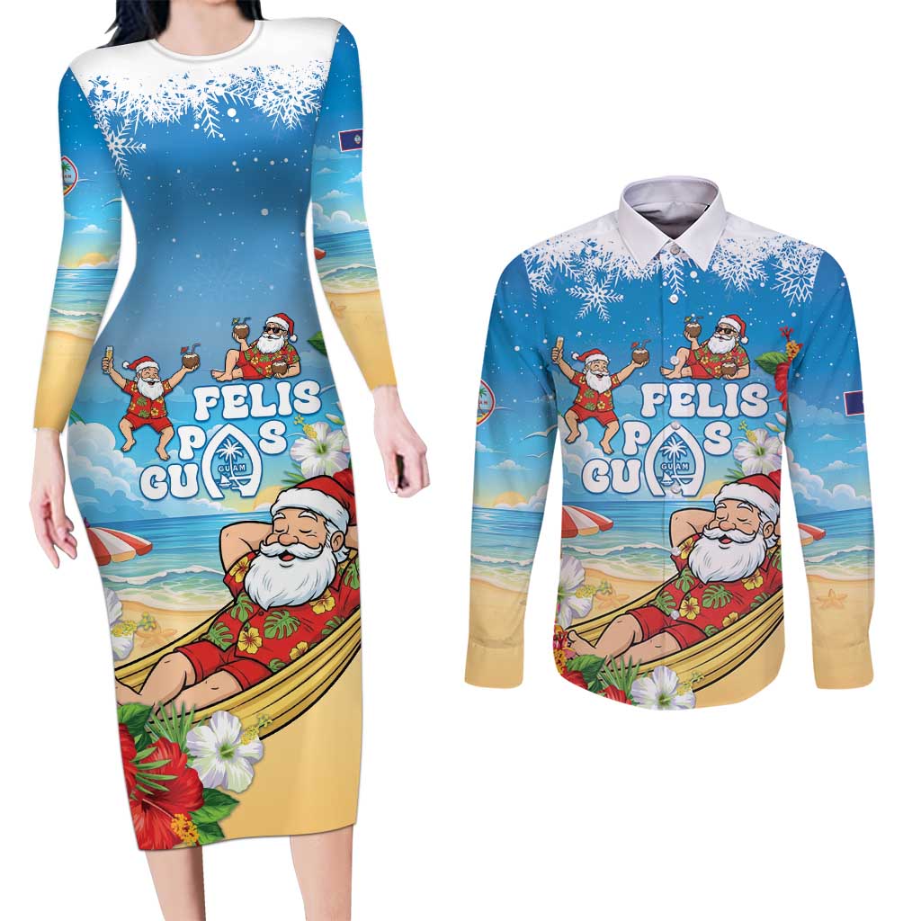 Guam Christmas Couples Matching Long Sleeve Bodycon Dress and Long Sleeve Button Shirt Felis Pasgua Chilling Santa - Polynesian Pride