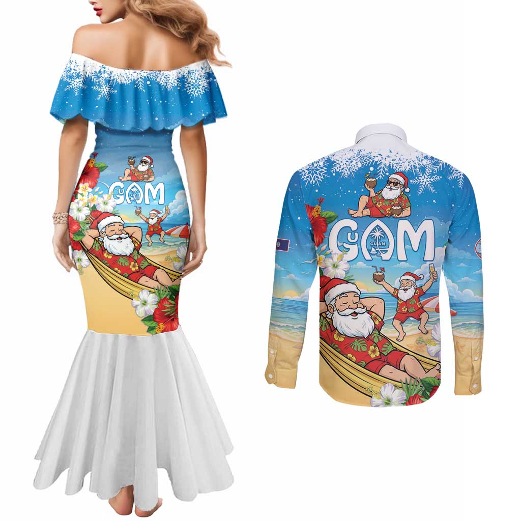 Guam Christmas Couples Matching Mermaid Dress and Long Sleeve Button Shirt Felis Pasgua Chilling Santa - Polynesian Pride