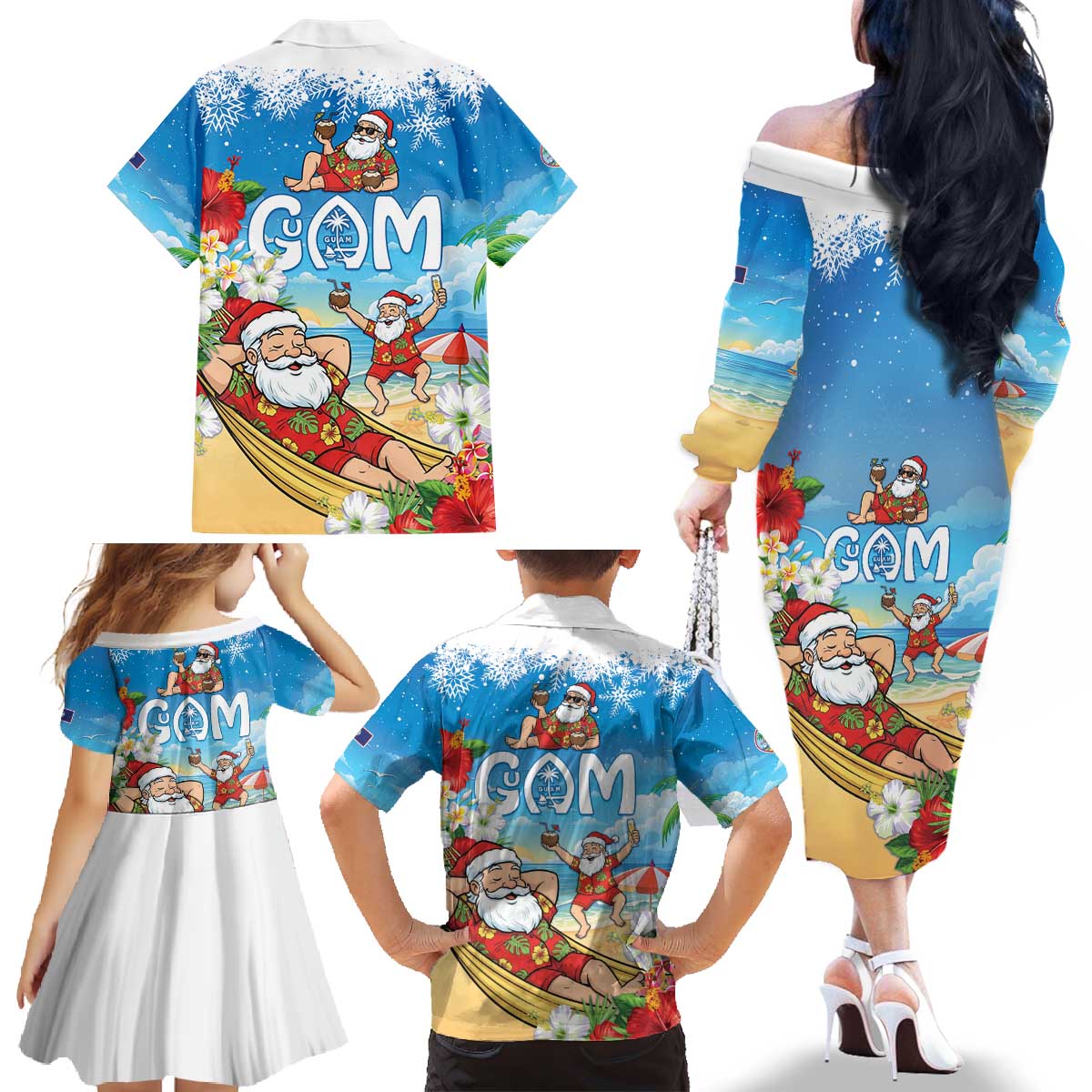 Guam Christmas Family Matching Off The Shoulder Long Sleeve Dress and Hawaiian Shirt Felis Pasgua Chilling Santa - Polynesian Pride
