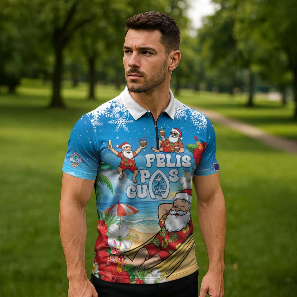 Guam Christmas Zipper Polo Shirt Felis Pasgua Chilling Santa - Polynesian Pride