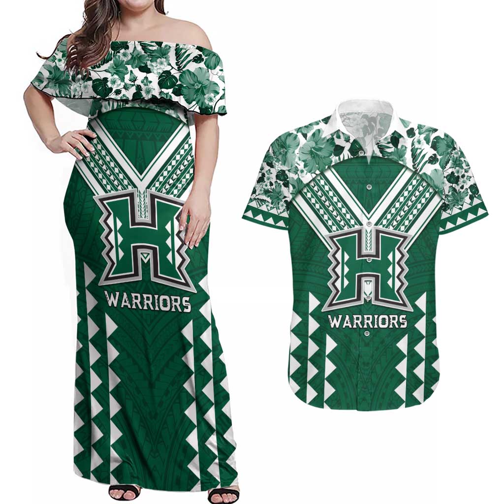 Custom Hawaii Football Couples Matching Off Shoulder Maxi Dress and Hawaiian Shirt Rainbow Warriors Tropical Vibes - Polynesian Pride
