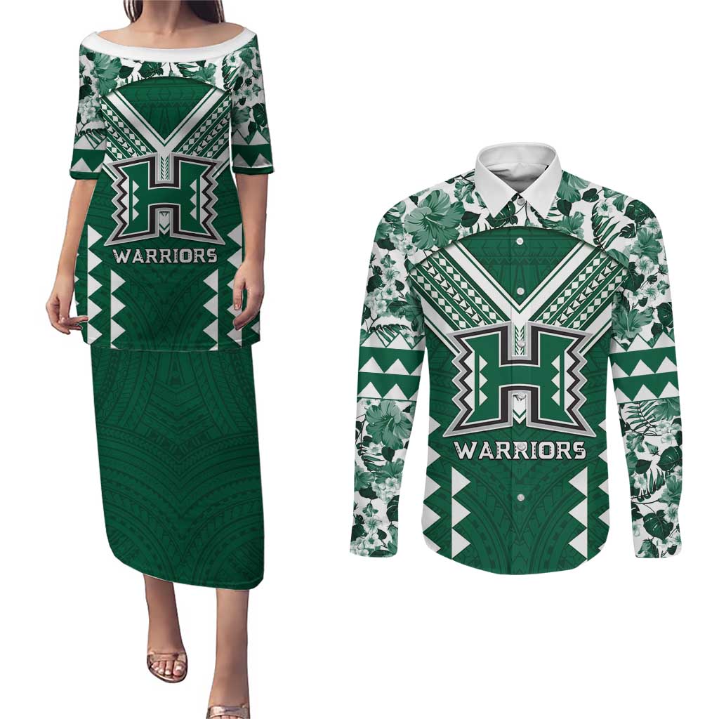 Custom Hawaii Football Couples Matching Puletasi and Long Sleeve Button Shirt Rainbow Warriors Tropical Vibes LT05 Green - Polynesian Pride