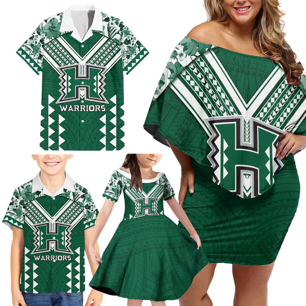 Custom Hawaii Football Family Matching Off Shoulder Short Dress and Hawaiian Shirt Rainbow Warriors Tropical Vibes - Polynesian Pride
