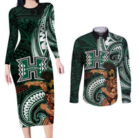 Hawaii Ikaika Warrior Football Couples Matching Long Sleeve Bodycon Dress and Long Sleeve Button Shirt Polynesian Tribal Tattoo - Polynesian Pride