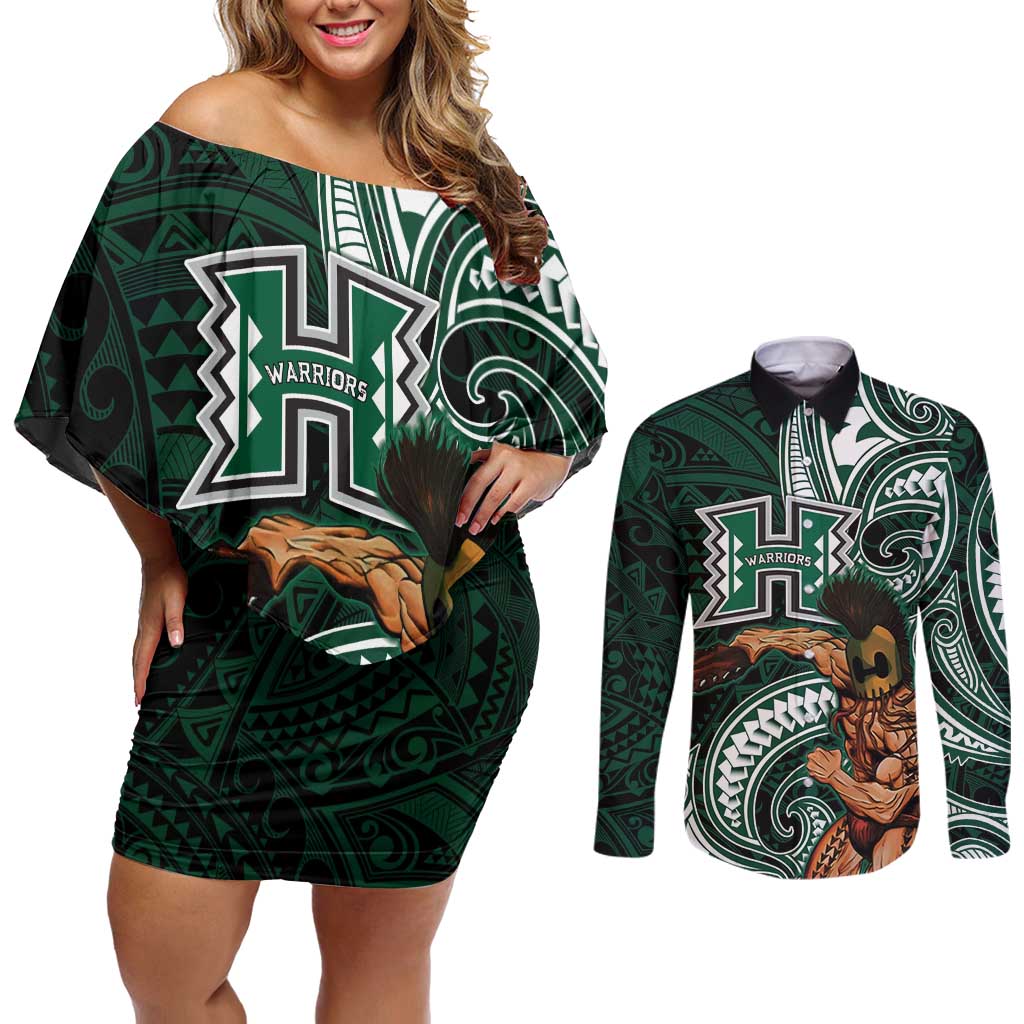 Hawaii Ikaika Warrior Football Couples Matching Off Shoulder Short Dress and Long Sleeve Button Shirt Polynesian Tribal Tattoo - Polynesian Pride