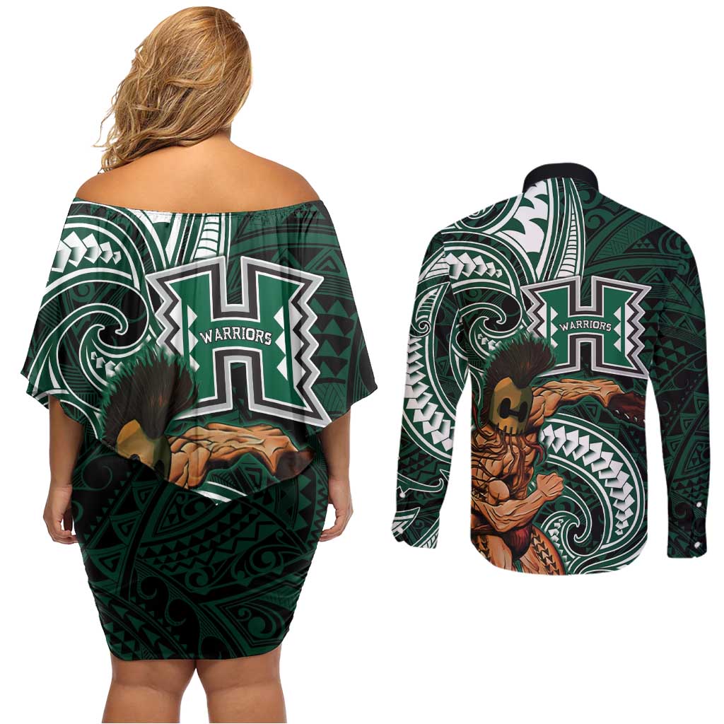 Hawaii Ikaika Warrior Football Couples Matching Off Shoulder Short Dress and Long Sleeve Button Shirt Polynesian Tribal Tattoo - Polynesian Pride