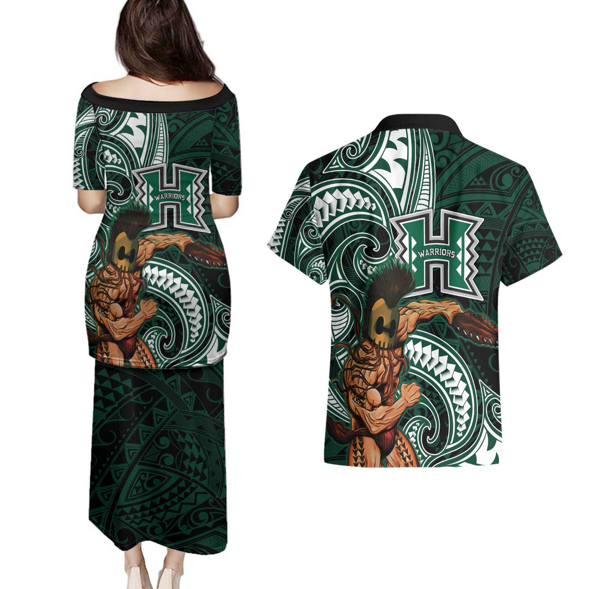 Hawaii Ikaika Warrior Football Couples Matching Puletasi and Hawaiian Shirt Polynesian Tribal Tattoo - Polynesian Pride