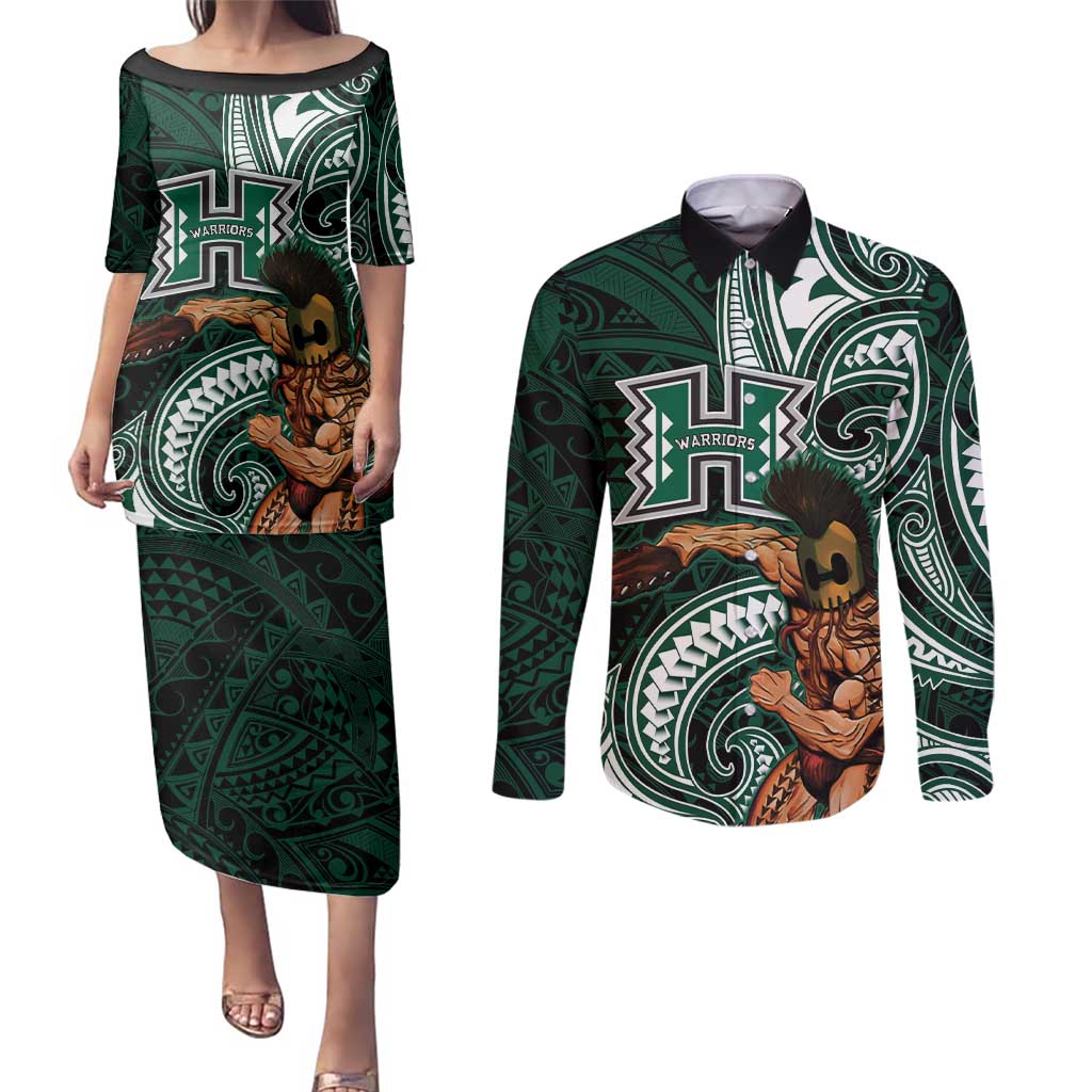 Hawaii Ikaika Warrior Football Couples Matching Puletasi and Long Sleeve Button Shirt Polynesian Tribal Tattoo - Polynesian Pride
