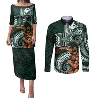 Hawaii Ikaika Warrior Football Couples Matching Puletasi and Long Sleeve Button Shirt Polynesian Tribal Tattoo - Polynesian Pride