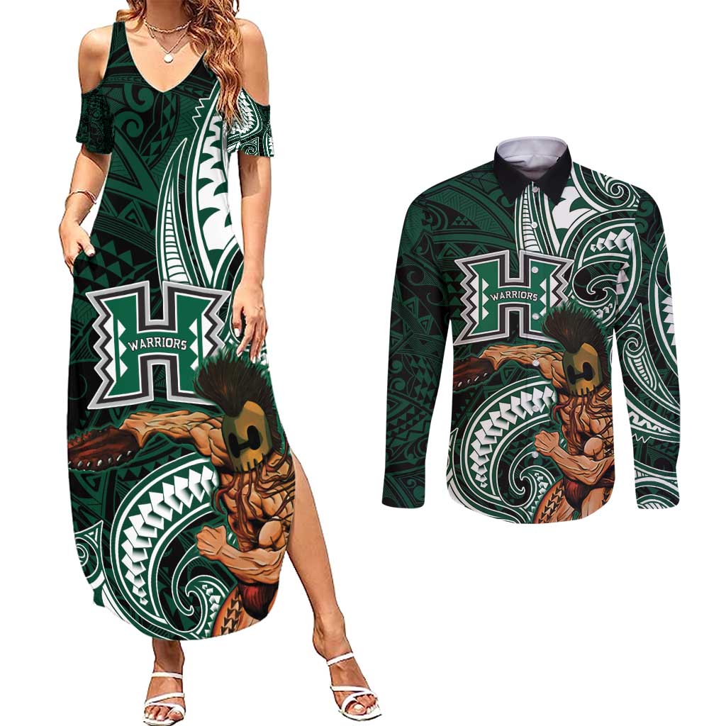 Hawaii Ikaika Warrior Football Couples Matching Summer Maxi Dress and Long Sleeve Button Shirt Polynesian Tribal Tattoo - Polynesian Pride